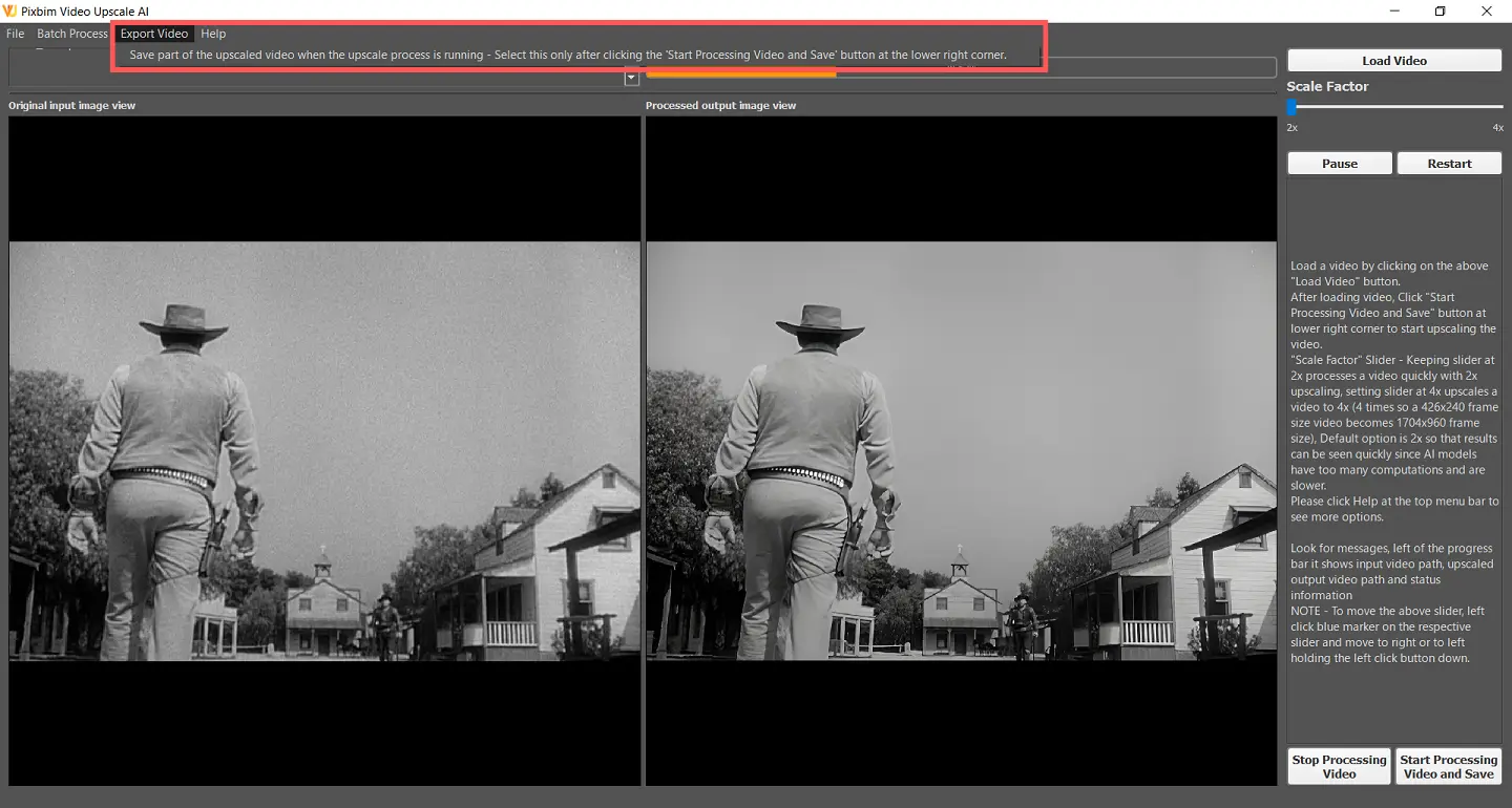 Screenshot shows an option Export Video in Pixbim Video Upscale ai